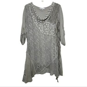 Feratelli Crochet Lace Tunic Top Asymmetrical Hem Boho Artsy Lagenlook Cottage M